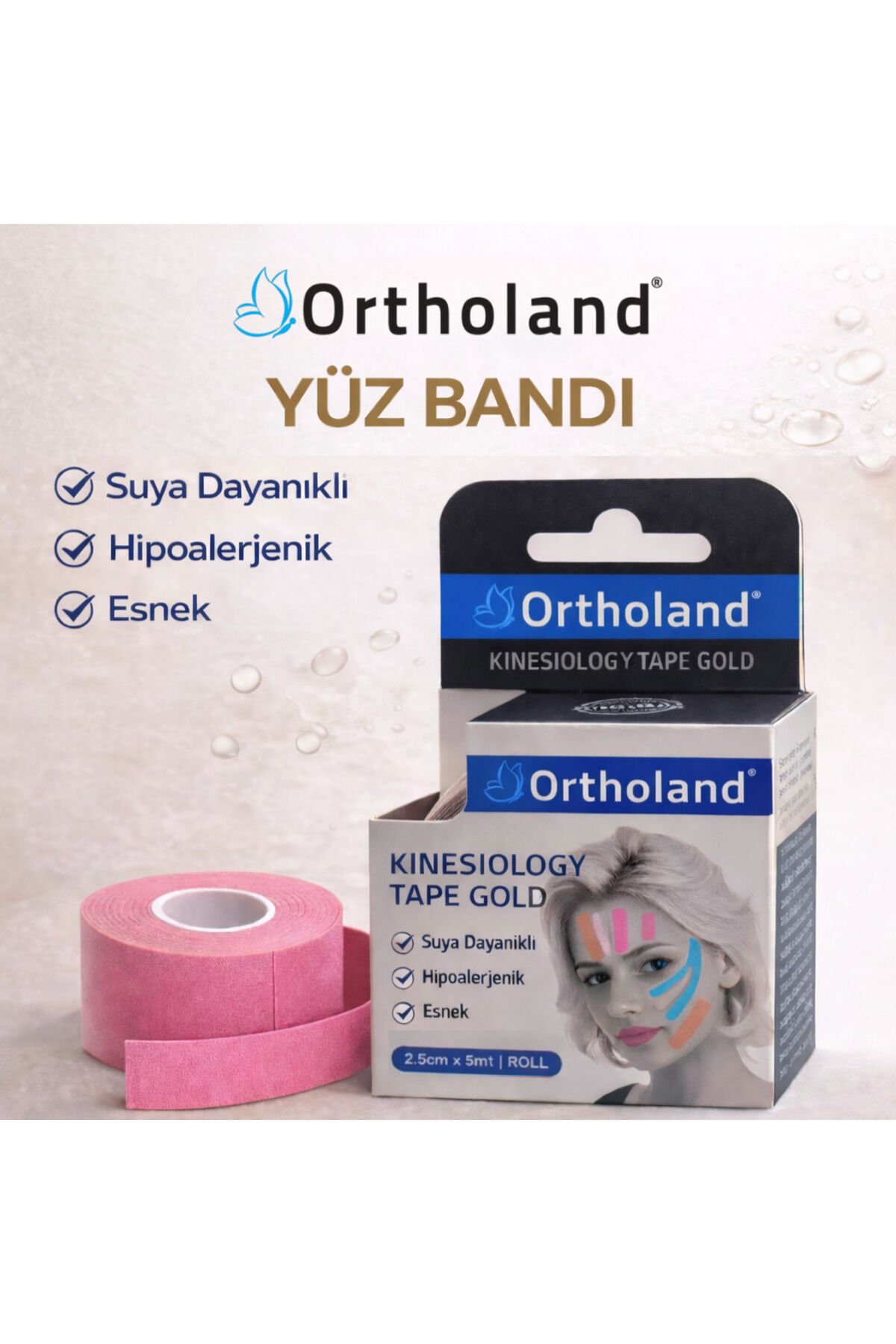 Ortholand Yüz Bandı Kinesiyoloji Tape 2,5 cm x 5 mt Cilt Dostu Yüz toparlama bandı Yüz yoga bandı
