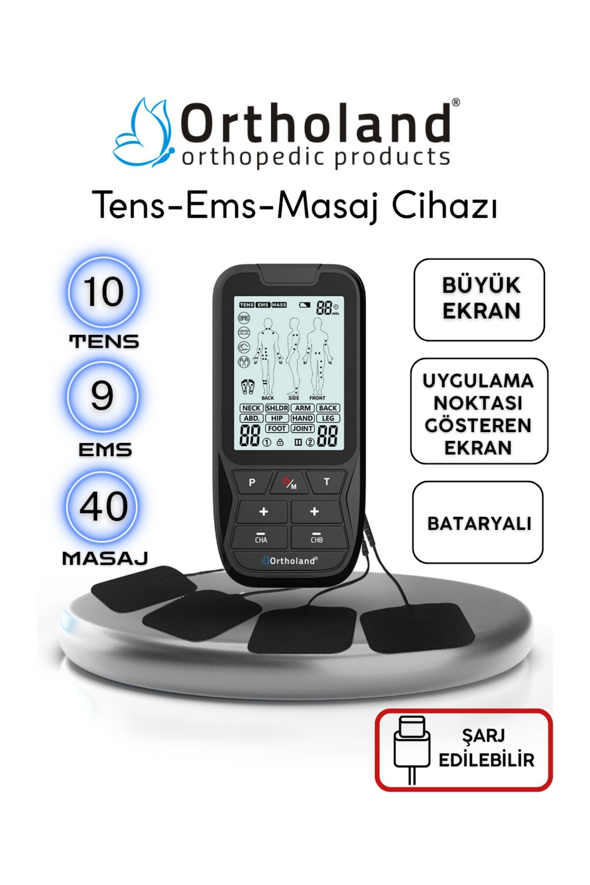 Tens Ems Masaj Cihazı 2 Kanallı Bataryalı Portatif Fizik Tedavi Cihazı Şarj Edilebilir
