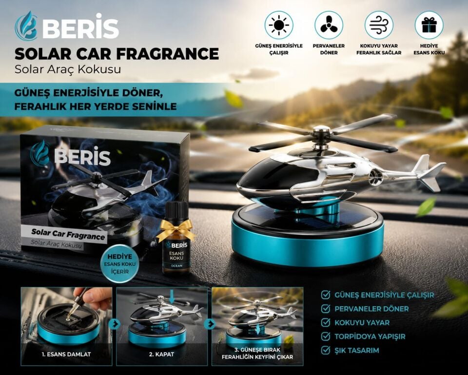 Beris Medikal BERİS Solar Helikopter Araç Kokusu | Güneş Enerjili Dönen Pervaneli Araç Parfümü + Hediye Esanslı
