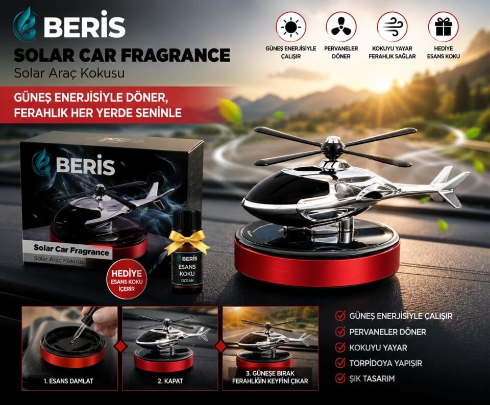 Beris Medikal BERİS Solar Helikopter Araç Kokusu | Güneş Enerjili Dönen Pervaneli Araç Parfümü + Hediye Esanslı