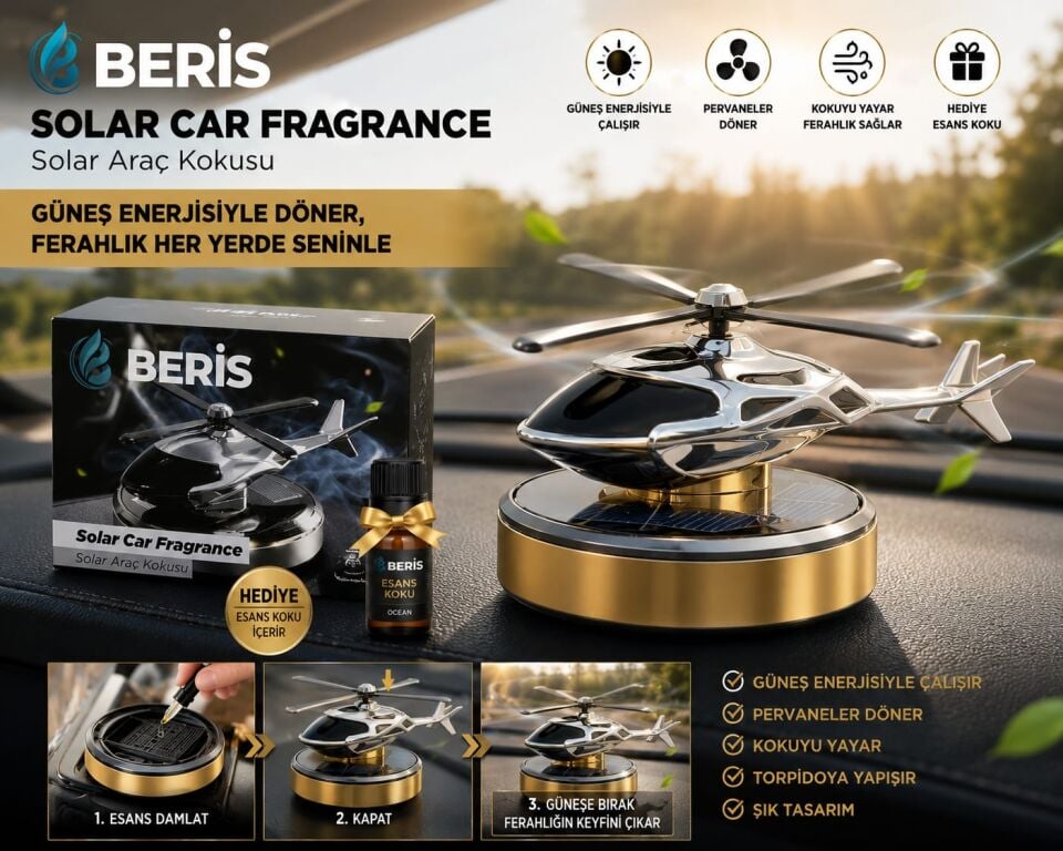Beris Medikal BERİS Solar Helikopter Araç Kokusu | Güneş Enerjili Dönen Pervaneli Araç Parfümü + Hediye Esanslı