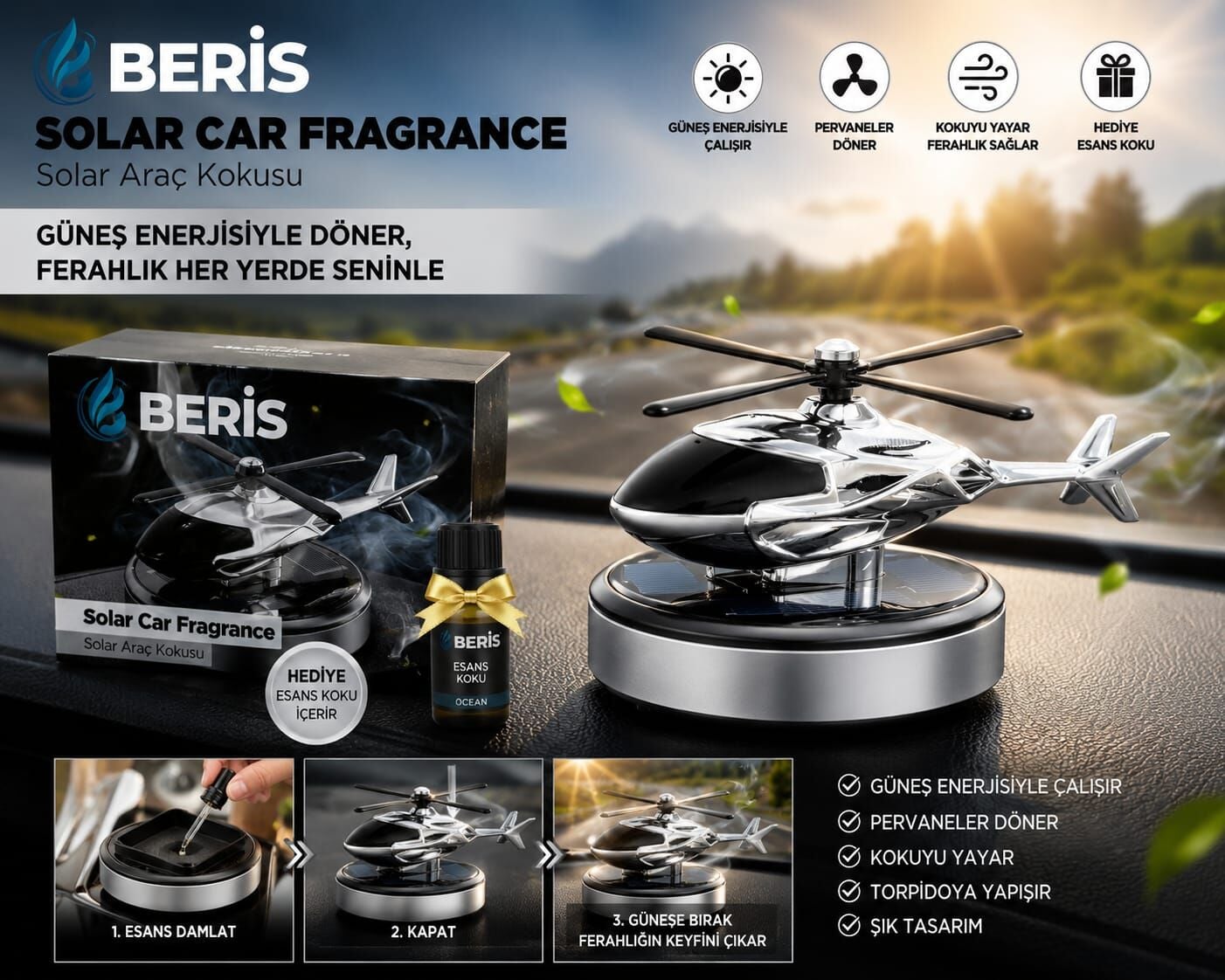 Beris Medikal BERİS Solar Helikopter Araç Kokusu | Güneş Enerjili Dönen Pervaneli Araç Parfümü + Hediye Esanslı
